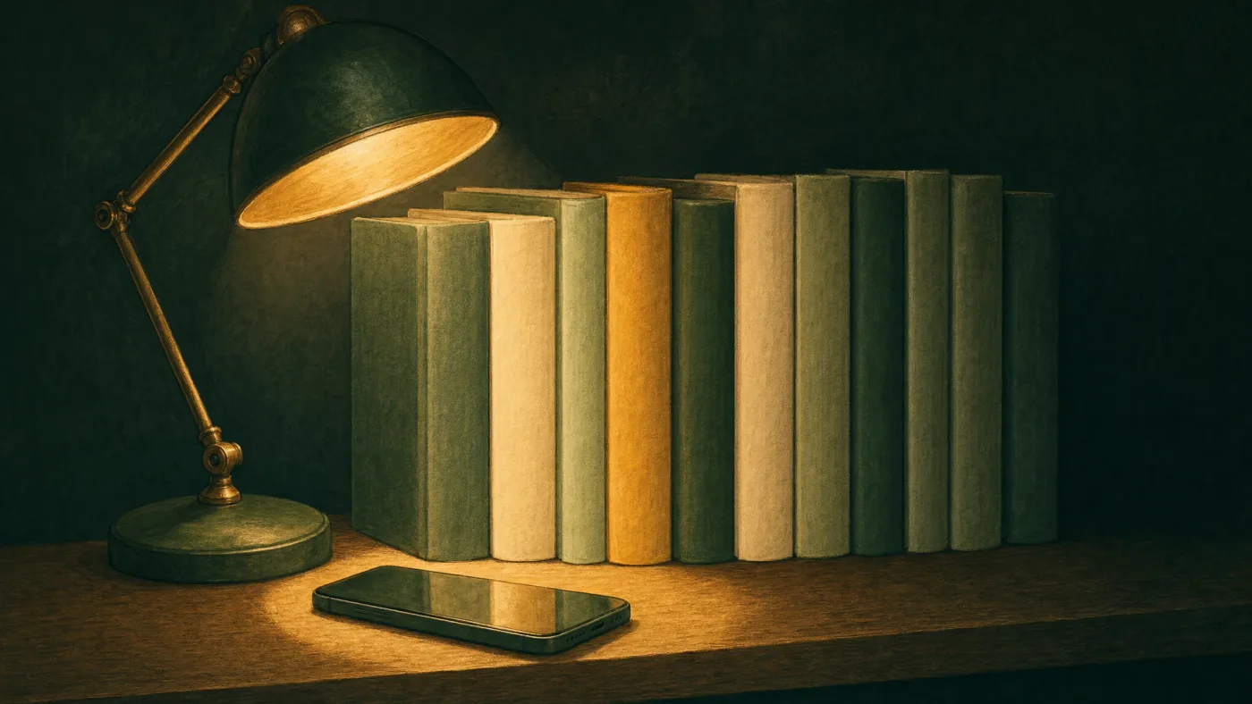 A tidy shelf of books beside a phone, both lit by a single desk lamp