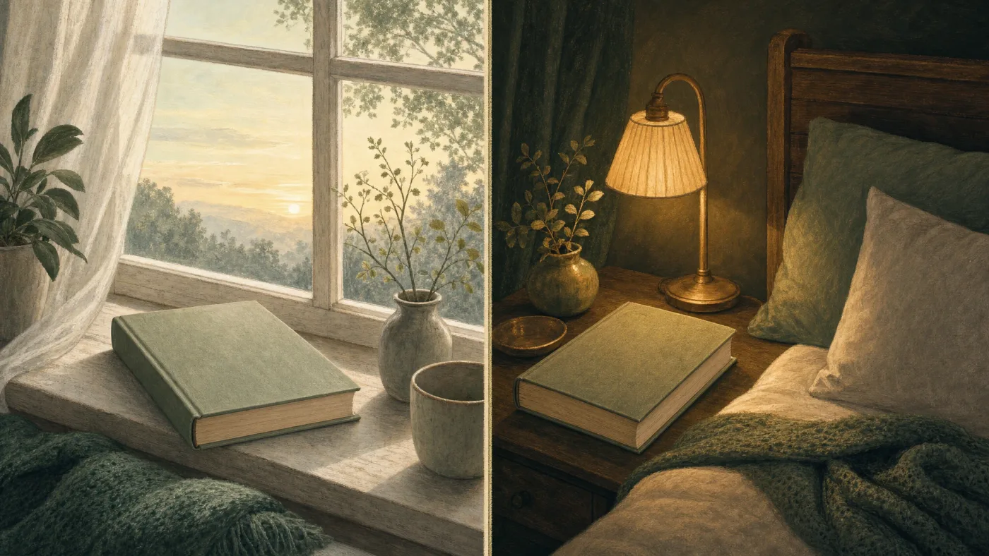 A book on a windowsill in early light, a lamp and a second book beside a bed at dusk
