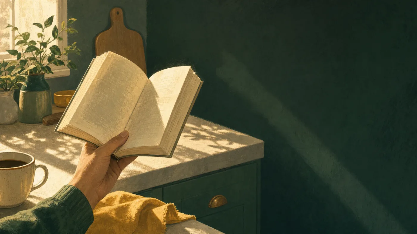 A paperback held open with one hand over a kitchen counter in early morning light
