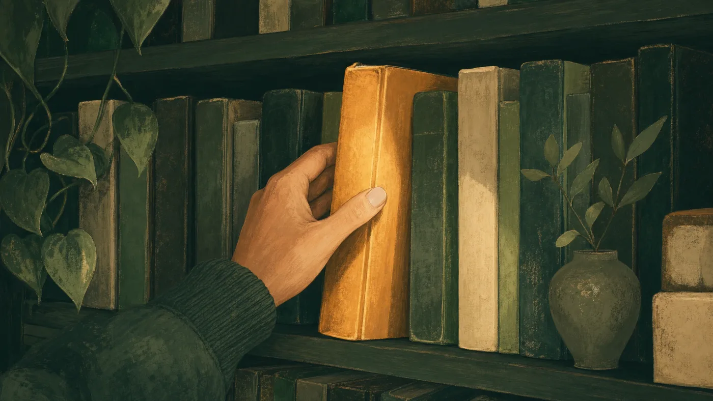 A hand pulling one worn spine forward from a crowded bookshelf