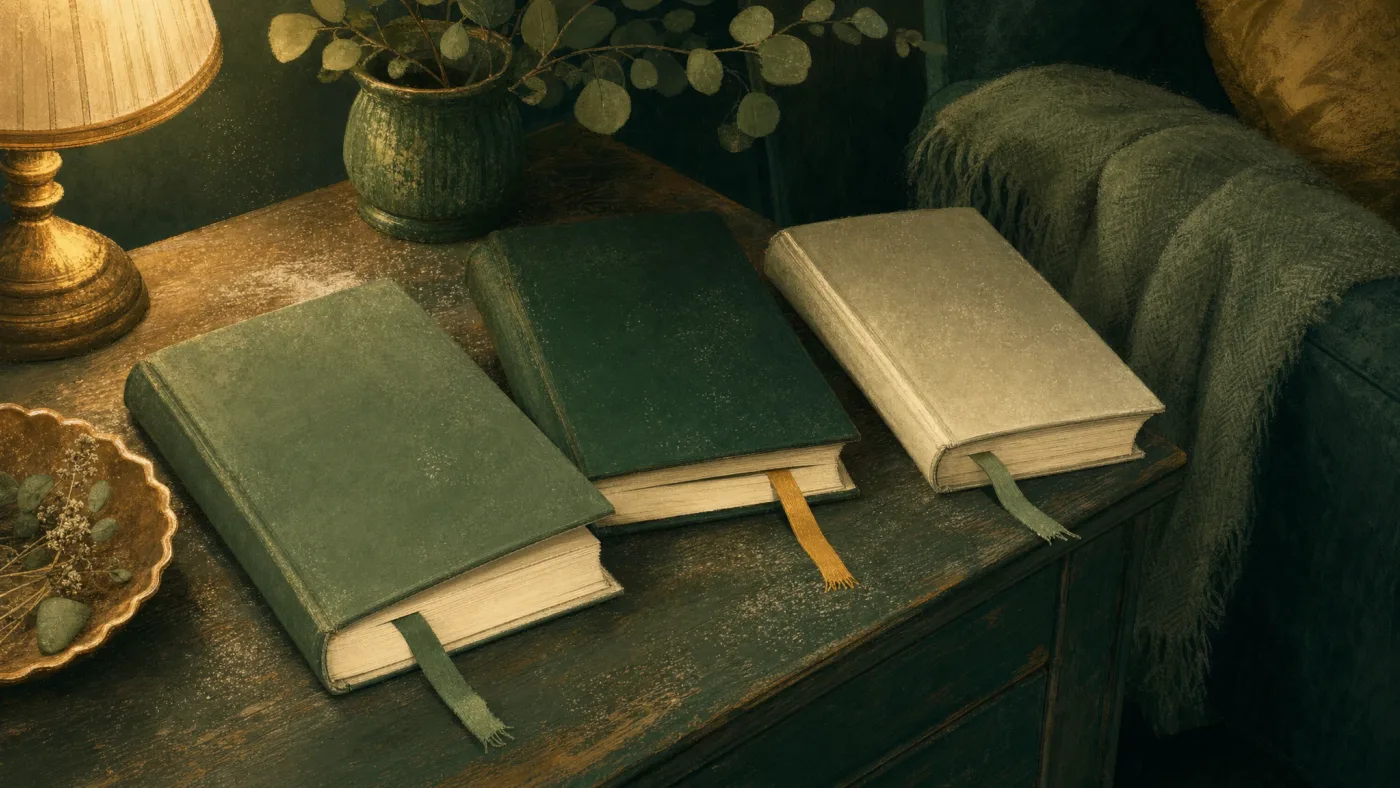 Three books left open face-down on a side table, bookmarks near the beginning