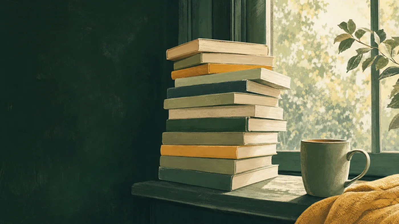 A stack of well-used paperbacks on a windowsill with a mug beside them