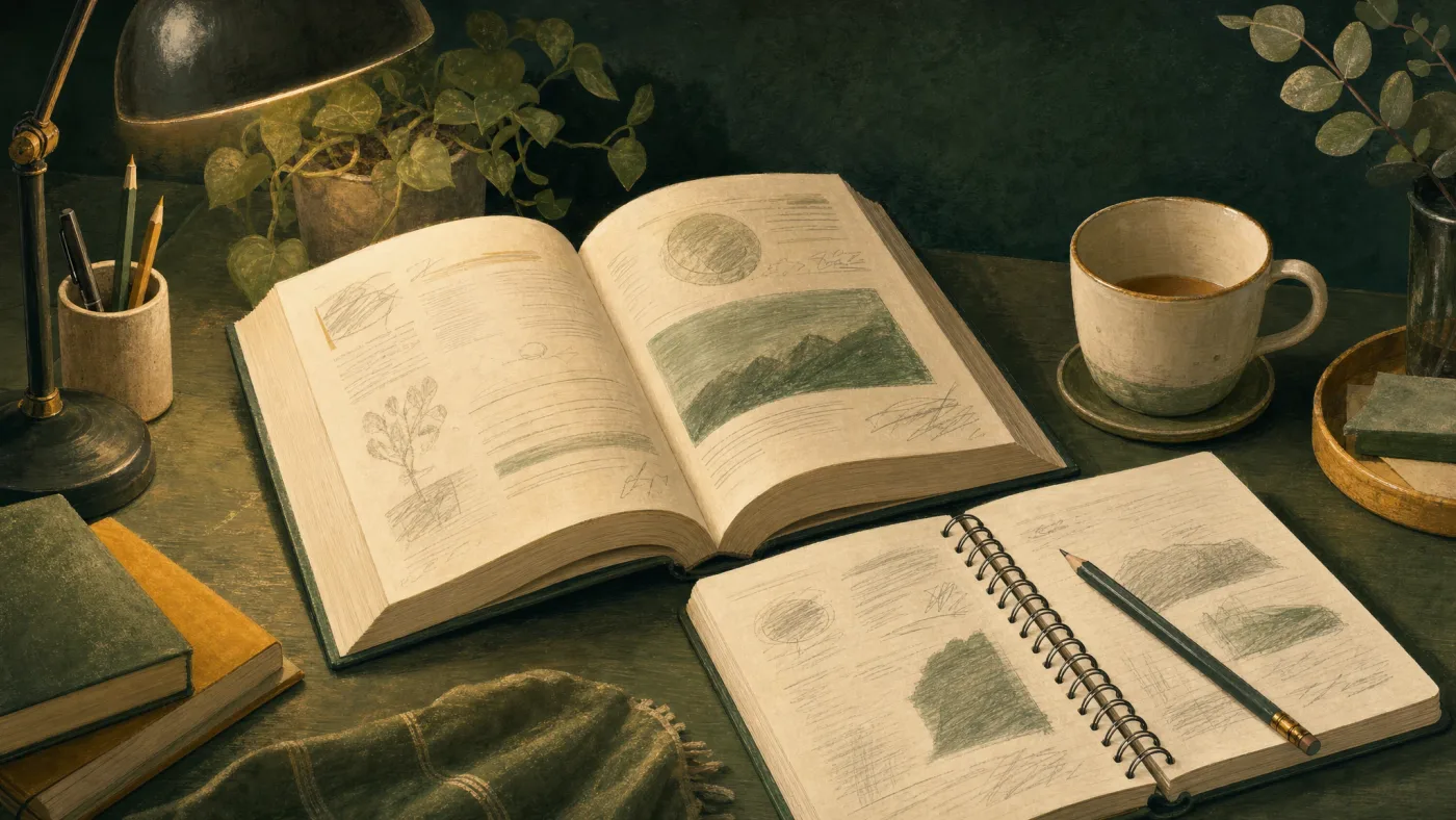 An open textbook with pencil annotations, a notebook and a half-finished cup of tea