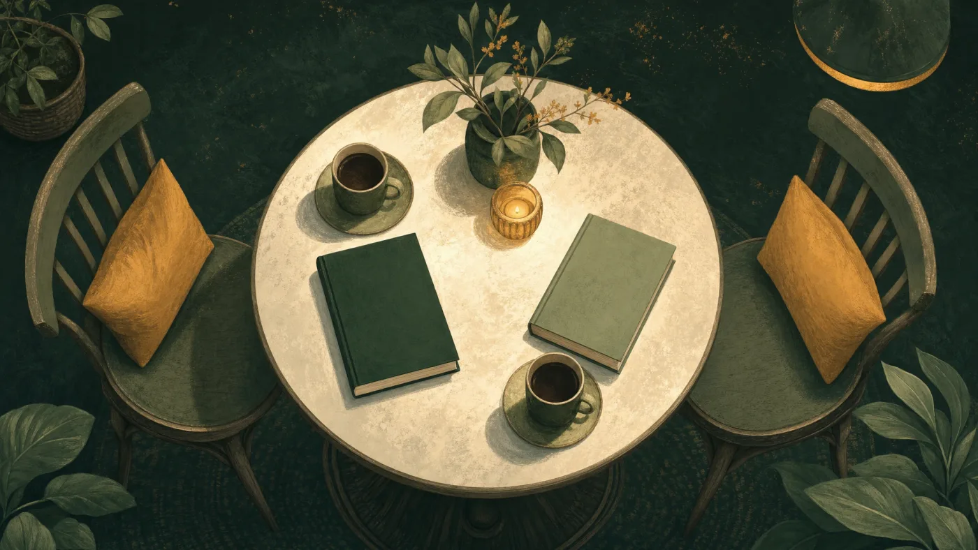 Two mugs and two books on a small table, mid-conversation