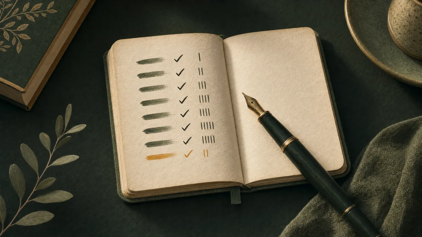 A small notebook with a short handwritten list, a pen resting across it