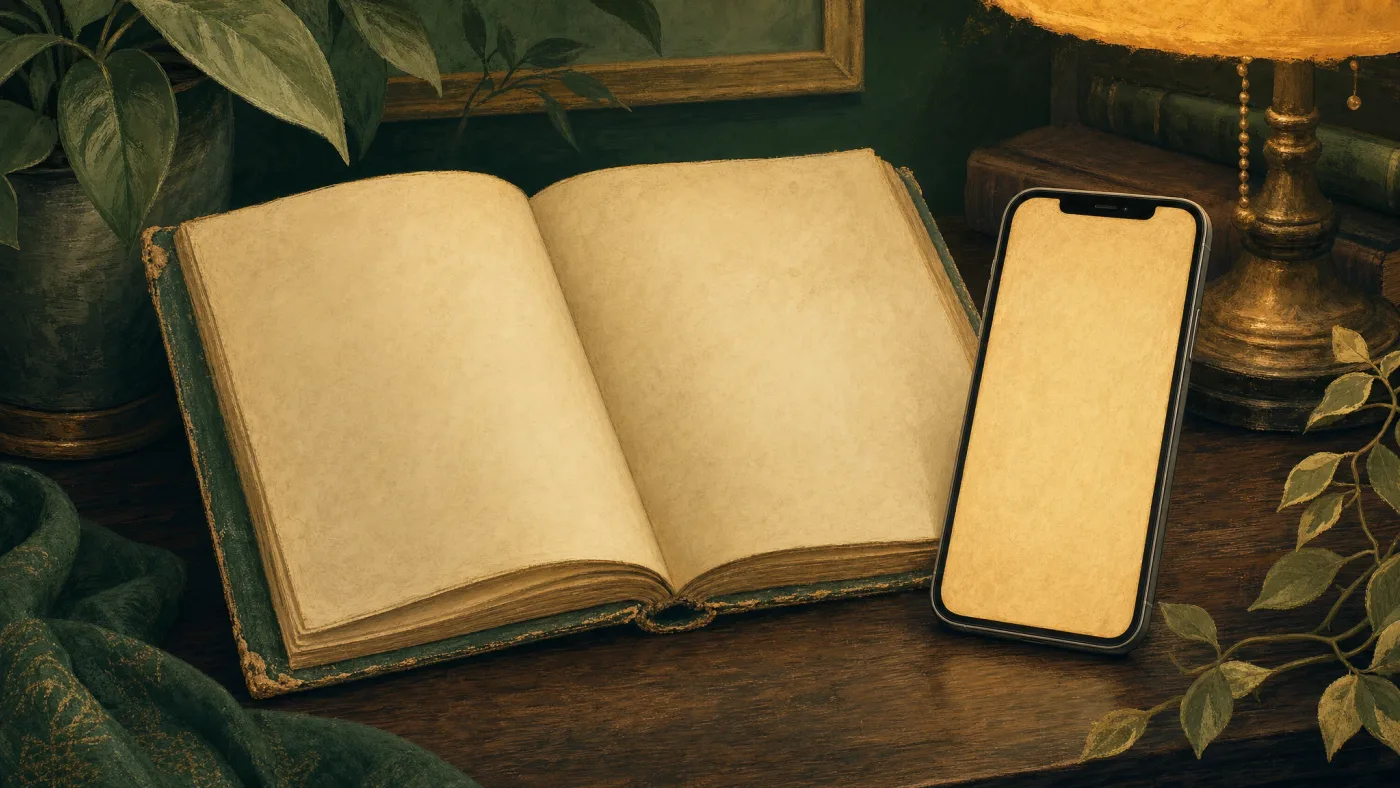 An old cloth-bound book beside a phone showing the same text, on a wooden desk