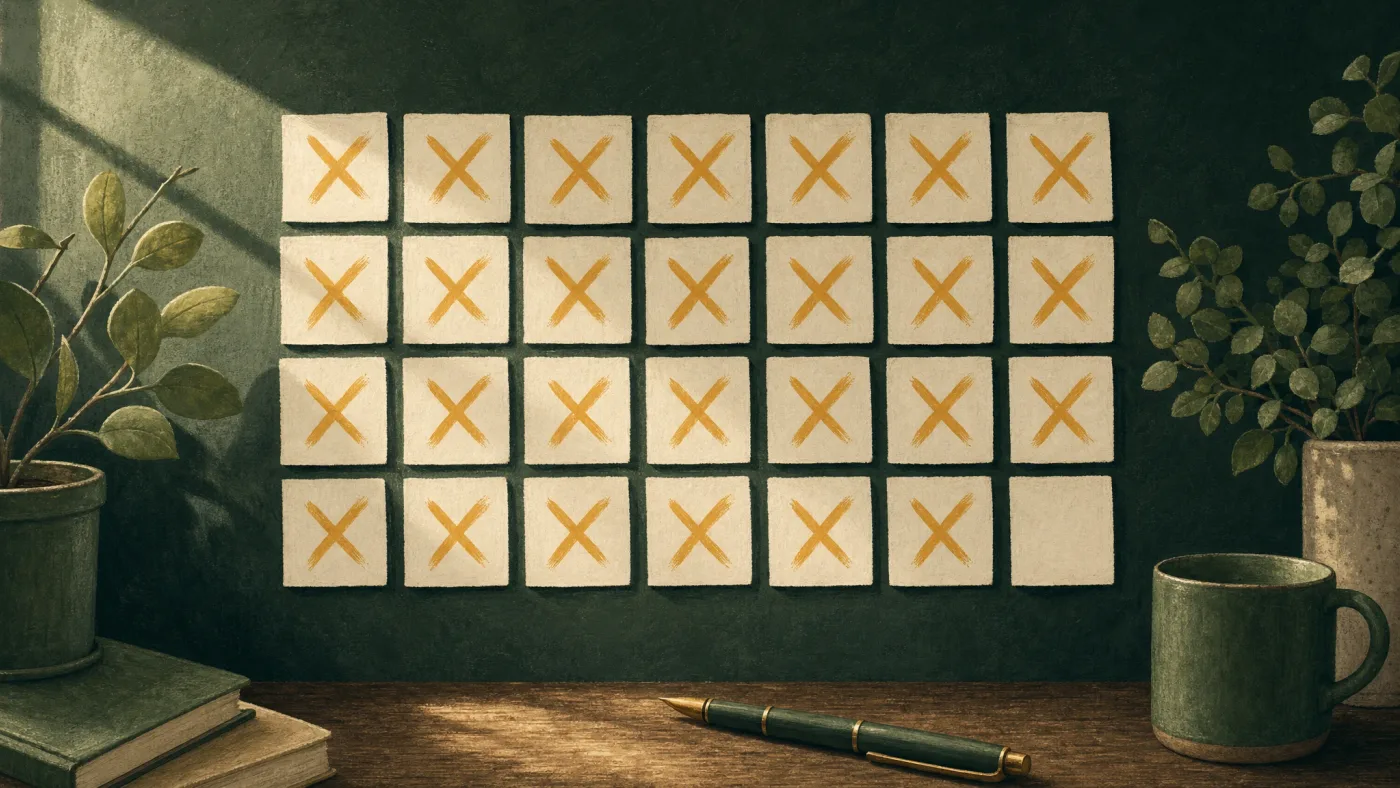 A wall calendar with a run of days marked in warm ink, one square left blank